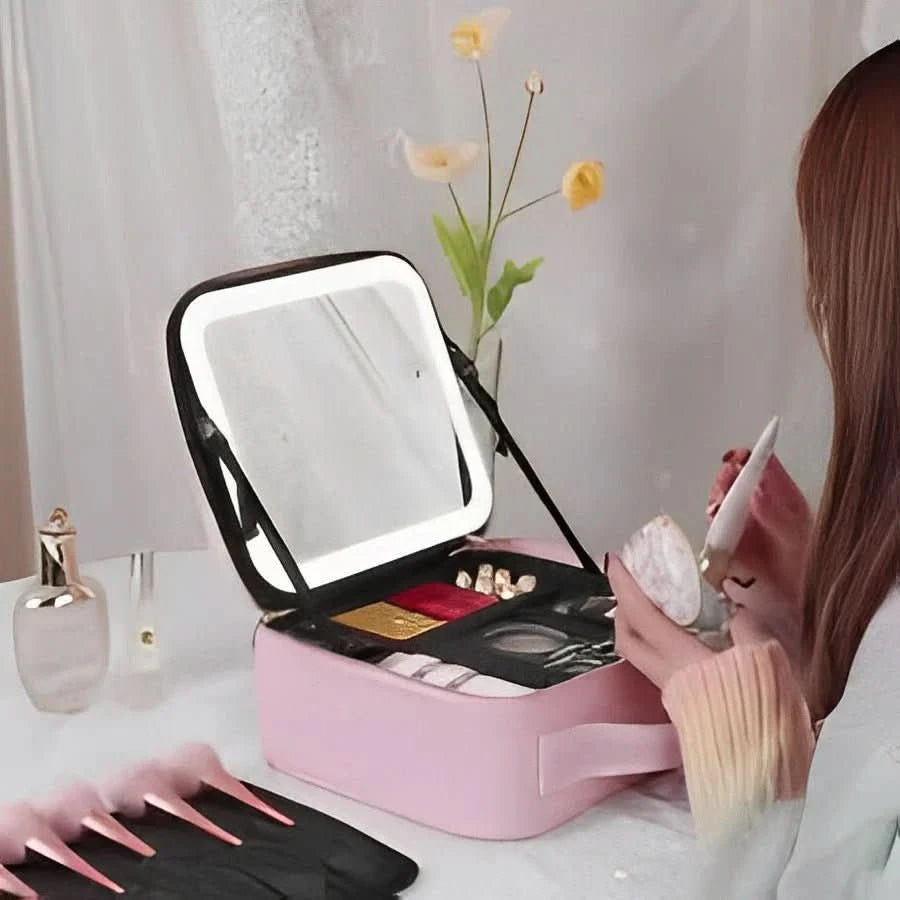 Makeup Bag with Lighted Mirror for Travel & Vanity Use