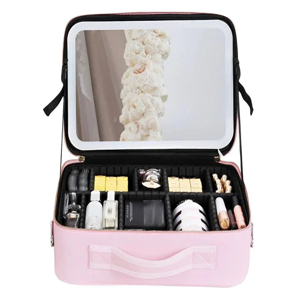 Makeup Bag with Lighted Mirror for Travel & Vanity Use