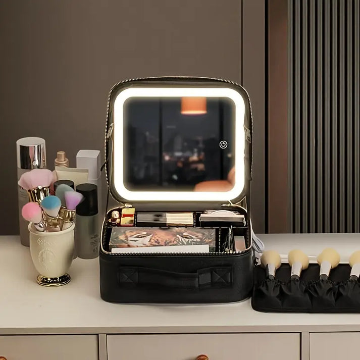Makeup Bag with Lighted Mirror for Travel & Vanity Use